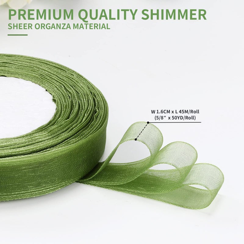 molshine 50 Yards x 5/8 Inch Shimmer Sheer Organza Ribbon,Chiffon Fabric Ribbons for Bouquets Garland,Bowknot,Wedding,Gift Wrapping,Hair,Crafts,Decoration (Green, 5/8") - Image 2